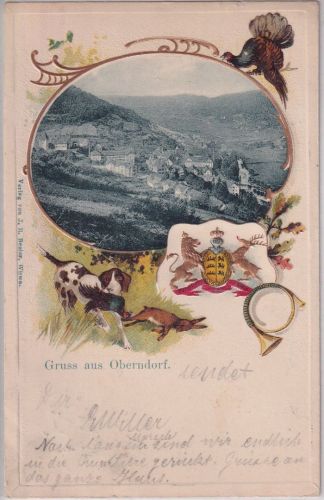 Württemberg - Oberndorf Ortsansicht Passepartout-Präge-AK "Jagd" gelaufen 1901