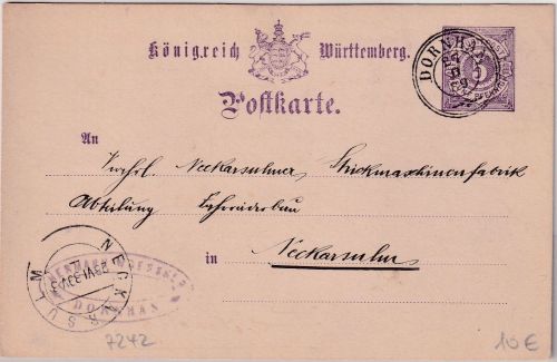 Württemberg - Dornhan 27.6.89 K3 5 Pfg. Ganzsache n. Neckarsulm