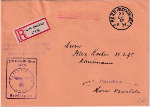 DR - Horb (Neckar) 1937 Frei d. Ablösung/Einschreibebrief Wehrmeldeamt