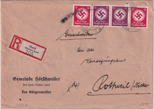DR - 2x15+2x12 Pfg. Hkr. Dienst-Einschreibebrief Horb - Rottweil 1944