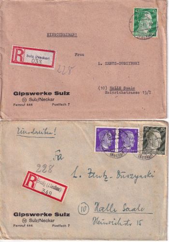 DR - Sulz (Neckar) 15.2./26.3.45 2 Einschreibebriefe n. Halle Aushilfs-R-Zettel
