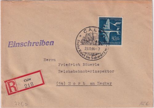DR - 42 Pfg. Luftpostdienst Einschreibebrief Calw - Horb 1944