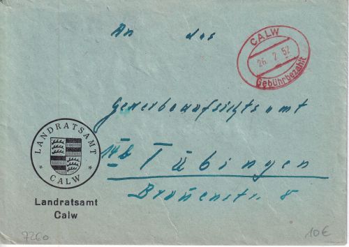 BRD - Calw Gebühr bezahlt 1952 roter Ovalstpl. Brief n. Tübingen