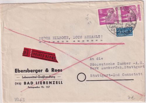 Bizone - 2x40 Pfg. Bauten Eilbrief Bad Liebenzell - Stuttgart 1951