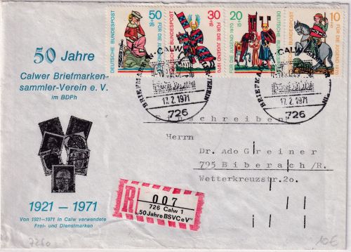 BRD - Calw 50 Jahre BSVC Einschreibebrief mit SST u. Sonder-R-Zettel 1971