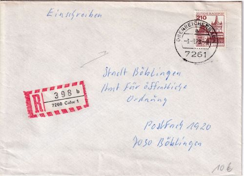 BRD - Oberreichenbach 1979 Einschreibebrief (R-Zettel Calw !) n. Böblingen
