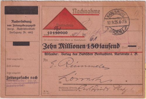 DR-Infla - Karlsruhe 19.9.23 Gebühr bezahlt Zeitungssache/Nachnahme n. Lörrach