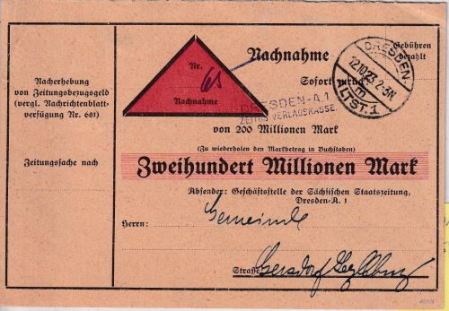 DR-Infla - Dreden 12.10.23 Gebühr bezahlt Zeitungssache/Nachnahme n. Gersdorf