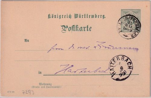 Württemberg - Pfalzgrafenweiler 1899 K2 5 Pfg. Ganzsache n. Haiterbach