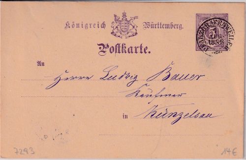 Württemberg - Pfalzgrafenweiler 1888 K2 5 Pfg. Ganzsache n. Künzelsau