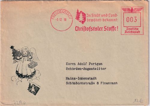DR - Freudenstadt 1939 3 Pfg. AFS "Christofstaler Stoffe" Drucksache n. Mainz