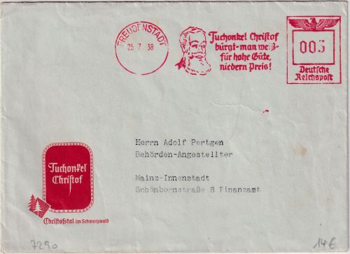 DR - Freudenstadt 1938 3 Pfg. AFS "Tuchonkel Christof" Drucksache n. Mainz