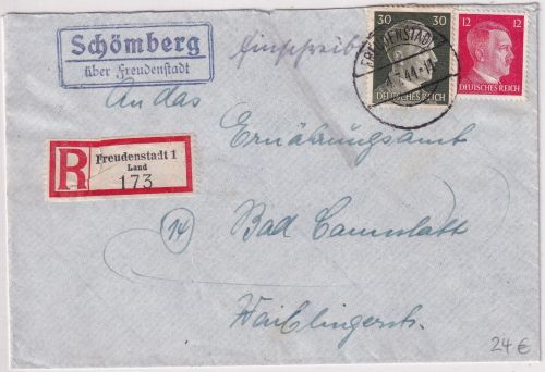 DR - Schömberg ü. Freudenstadt Landpost-Ra2 Einschreibebrief 1944