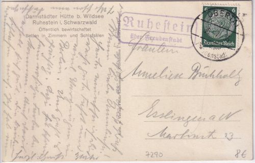 DR - Ruhestein ü. Freudenstadt Landpost-Ra2 Karte n. Esslingen 1935