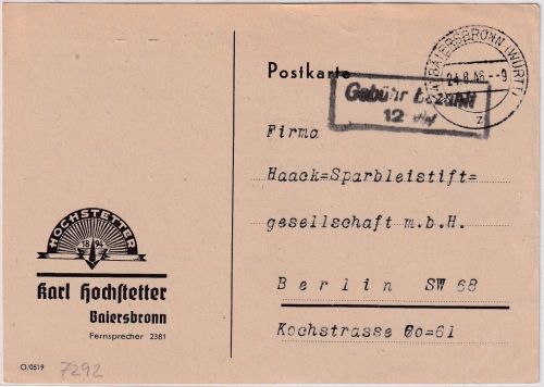All.Bes. - Baiersbronn 1946 Gebühr bezahlt 12 Rpf Ra2 Karte n. Berlin