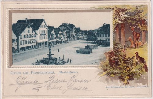 Württemberg - Freudenstadt Marktplatz "Wild"-Prägepassepartout-AK gelaufen 1904