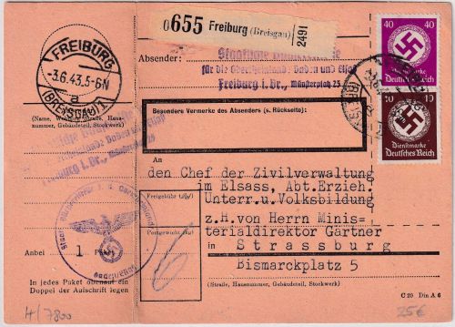 DR - 40+10 Pfg. Hkr. Paketkarte Freiburg - Strassburg 1943