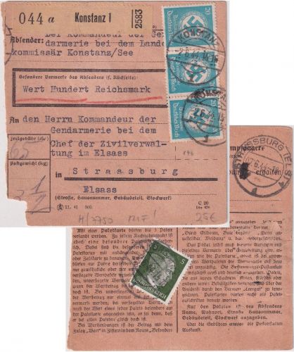 DR - 2x20+5 Pfg. Hkr./AH Wertpaketkarte Konstanz - Strassburg 1944