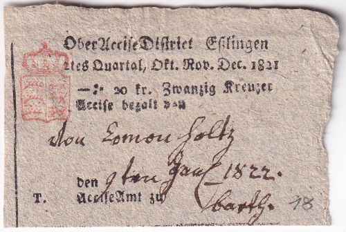 Württemberg - Esslingen 1822 Acciseschein (Zollquittung)