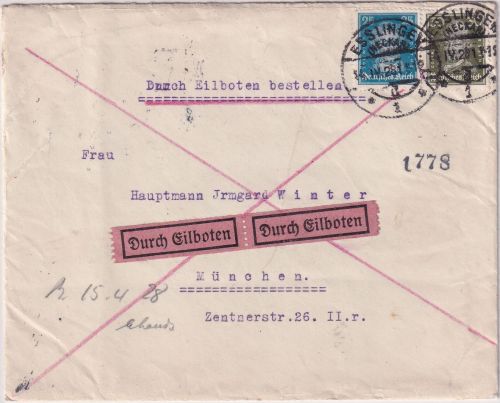DR - 30+25 Pfg. Lessing/Goethe Eilbrief Esslingen - München (Rohrpost) 1928