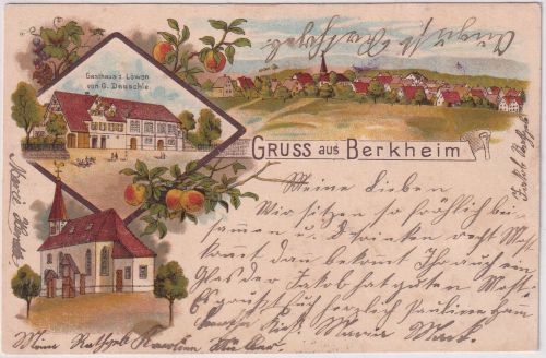 Württemberg - Berkheim Gatshaus Kirche Mehrbild-Farblitho 1904