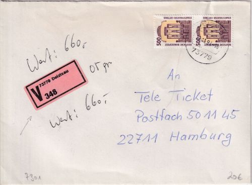 BRD - 2x500 Pfg. SWK Wertbrief (Selbstklebe-Label !) Deizisau - Hamburg 1994
