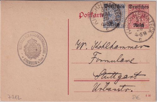 DR-Infla - 10 Pfg. würrt. Dienst-Ganzsache/DR + Zusatz Kirchheim u.T. 1920