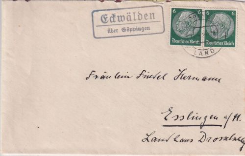 DR - Eckwälden ü. Göppingen Landpost-Ra2 Brief n. Esslingen 1934