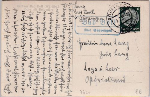 DR - Bad Boll ü. Göppingen Landpost-Ra2 Karte n. Loga ü. Leer 1939
