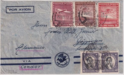 Chile - 10 P. Flugpost u.a. Luftpostbrief Santiago de Chile - Göppingen 1937