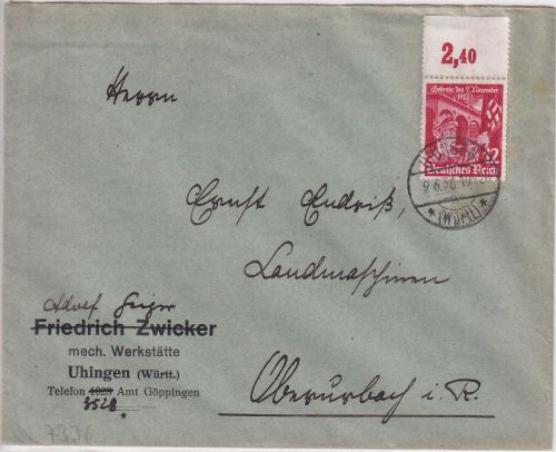 DR - 12 Pfg. Feldherrenhalle OBERRAND Brief Uhingen - Oberurbach 1936