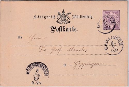 Württemberg - Geislingen 8/6 kl. K1 5 Pfg. Ganzsache n. Göppingen 1882