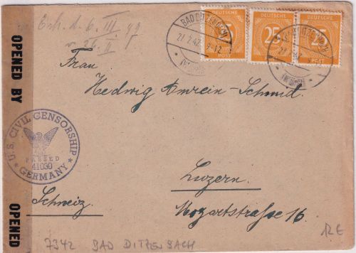 All.Bes. - 3x25 Pfg. Ziffer Zensurbrief id. SCHWEIZ Bad Ditzenbach - Luzern 1947