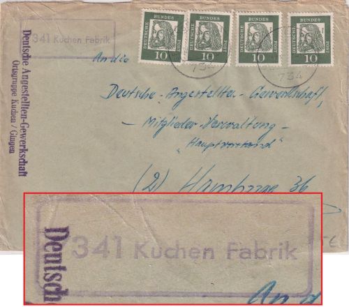 BRD - 7341 Kuchen-Fabrik Poststelle I Ra1 Brief Geislingen a.S. - Hamburg 1962