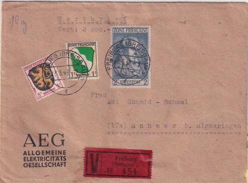 FZ-Allg. - 2 M. Schiller u.a. Wertbrief (10g/2.000 M.) Freiburg - Scheer 1946
