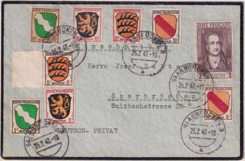 FZ-Allg. - 1 M. Goethe + 10 Pfg. Wappen u.a. Ortsbrief Saarbrücken 1947