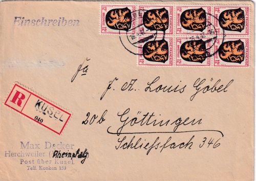 FZ-Allg. - 7x12 Pfg. Wappen Einschreibebrief Kusel - Göttingen 16.4.47