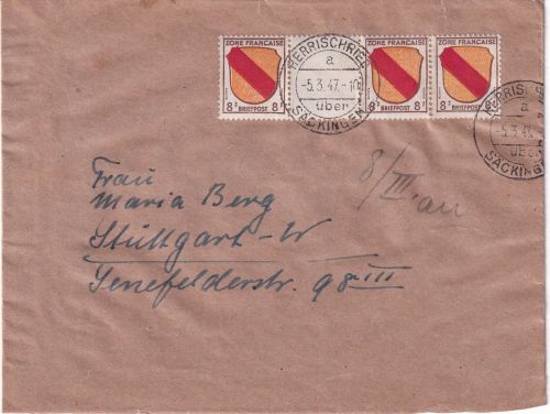 FZ-Allg. - 8 Pfg. Wappen 3er-Streifen/Zwischensteg Brief Herrischried 1947