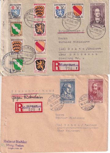 FZ-Allg. - Wappen/Dichter kompl. Satz 2 Einschreibebriefe Murg - Dohna 1946