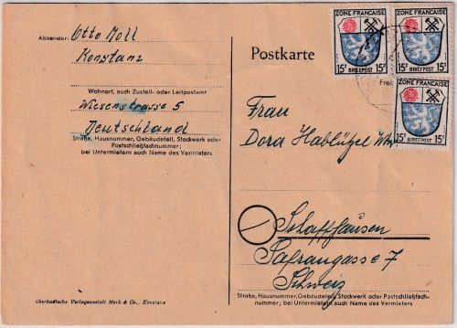FZ-Allg. - 3x15 Pfg. Wappen Karte i.d. SCHWEIZ Konstanz - Schaffhausen 1947