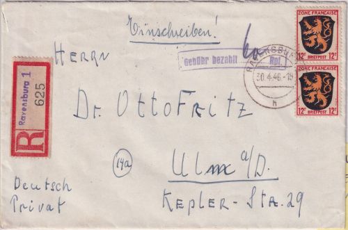 FZ-Allg. - Ravensburg 1946 Teilbarfrankatur Einschreibebrief n. Ulm