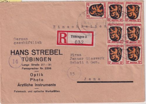 FZ-Allg. - 7x12 Pfg. Wappen Einschreibnebrief Tübingen - Jena 1946