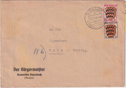 FZ-Allg. - Gausbach ü. Forbach Poststelle I Brief n. Calw 1946
