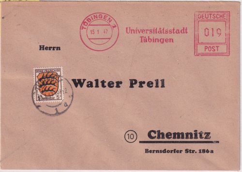 FZ-Allg. - Tübingen 1947 19 Pfg. AFS "Universitätsstadt" + 5 Pfg. Wappen Brief