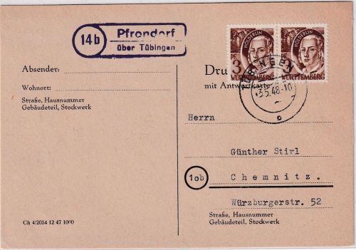 FZ/Württemberg - (14b) Pfrondorf ü. Tübingen Landpost-Ra2 Karte n. Chemnitz 1948