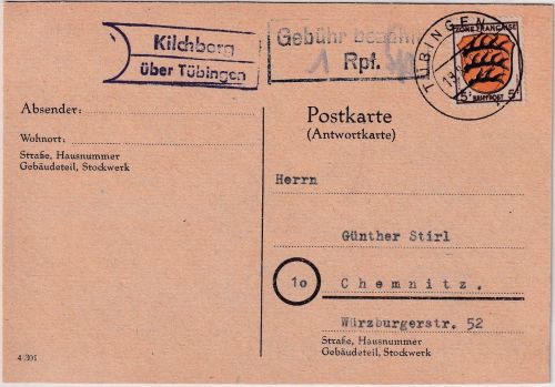 FZ/Allg. - Kilchberg ü. Tübingen apt. Landpost-Ra2 Karte n. Chemnitz 1946