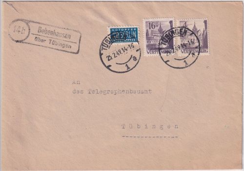 FZ/Württemberg - (14b) Bebenhausen ü. Tübingen Landpost-Ra2 Brief 1949