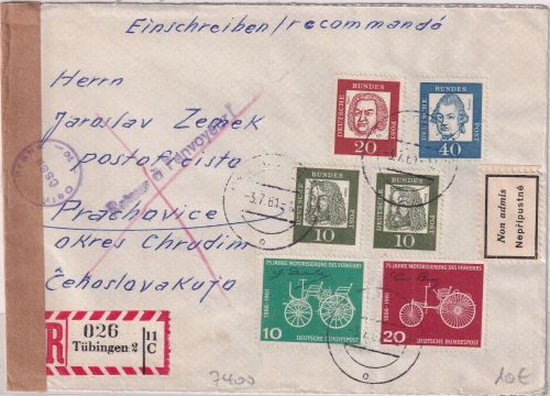 BRD - Tübingen 1961 Einschreibebrief i.d. CSSR - tschech. Devisenzensur - Retour