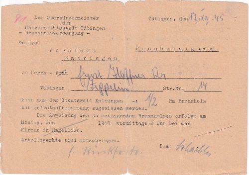 All.Bes. - Tübingen Bescheinigung/Erlaubnis Brennholz 17.12.45