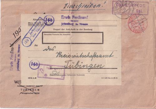 FZ/Württ. - (14b) Jettenburg ü. Tübingen Taxe percue Ra2 Einschreibebrief 1948